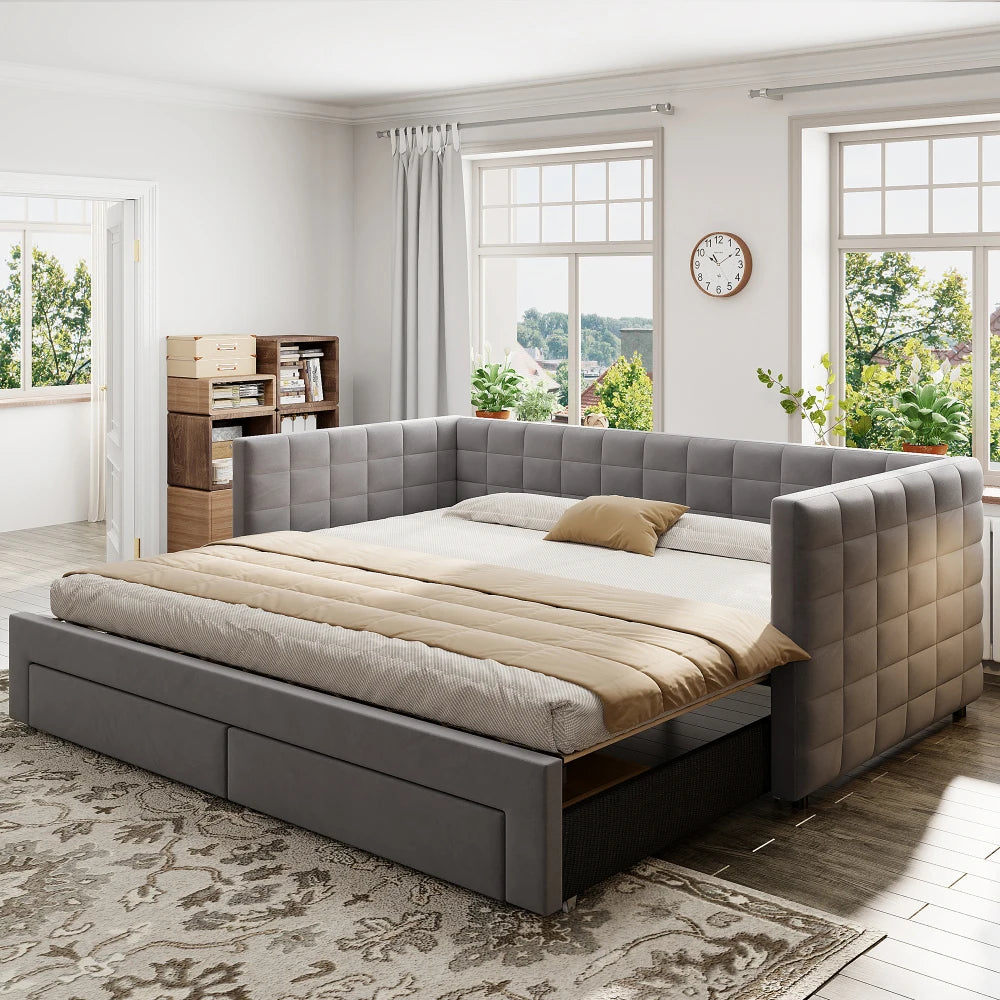 3-in-1 ausziehbares Schlafsofa 90 x 190 cm, Multifunktionsbett mit Schubladen, Einzel-/Doppelbett, Baumwolle und Leinen (Matratze nicht im Lieferumfang enthalten)