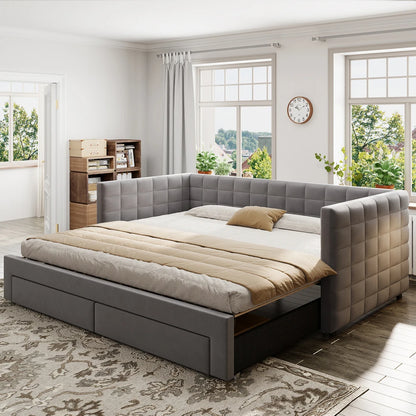 3-in-1 ausziehbares Schlafsofa 90 x 190 cm, Multifunktionsbett mit Schubladen, Einzel-/Doppelbett, Baumwolle und Leinen (Matratze nicht im Lieferumfang enthalten)