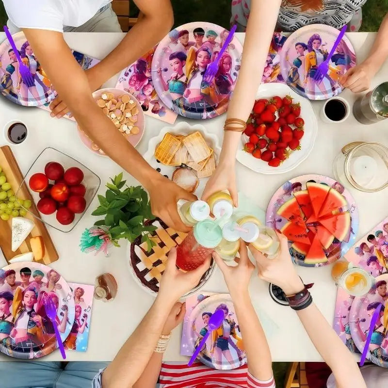 NEUE Dämon Jäger Kpop Geburtstag Dekorationen Set Geschirr Luftballons Banner Tischdecke Tasche Kpop Kuchen Dekor Für Mädchen Party Gefälligkeiten.