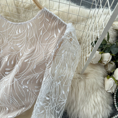 Light Luxury Elegant Women White Backless Jumpsuits Temperament O-neck Puff Long Sleeve Embroidery Female Playsuits.