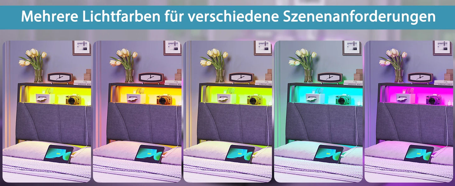 Metallbettgestell 140 x 200 cm mit LED-Beleuchtung, Kopfteil und Ladestation, integriertes Metallbett 140 x 200 mit Gitterbraten