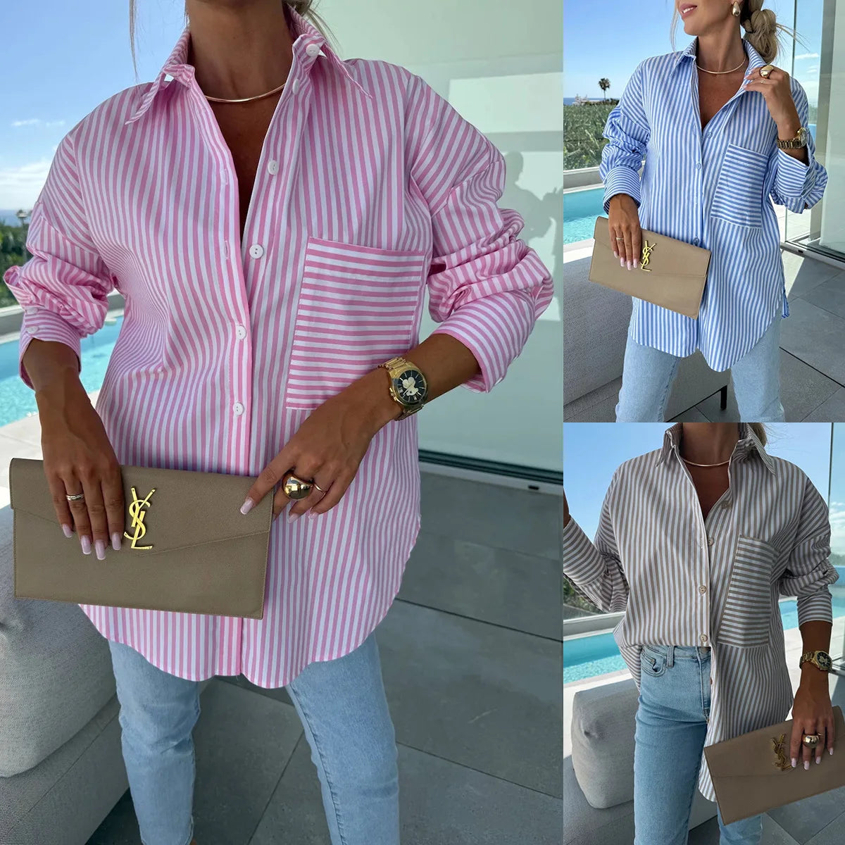 2025 New Women's Shirt Long Sleeve Striped Pocket Button Blue Casual Loose Top Street Office Pink Blouses.