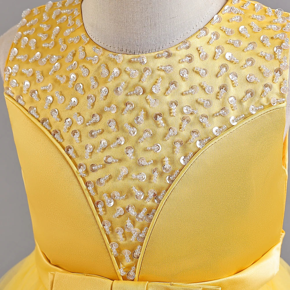 Gelbes ärmelloses Kinder leistungs kleid Bogens chwanz kleid Prinzessin kleid für 3y bis 12y Geburtstags feier kleidung.