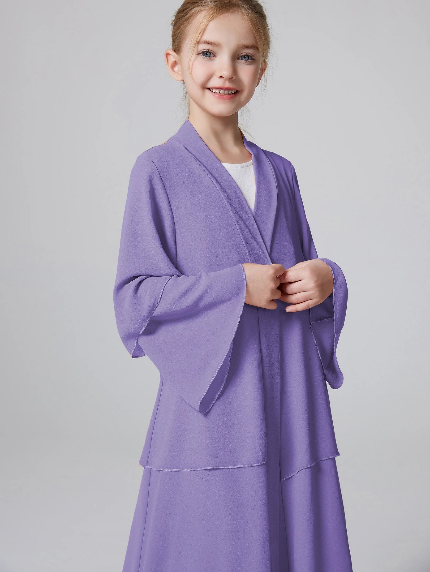 Ramadan Kebaya Muslim Girls Abaya 3 Layered Chiffon Kids Abaya Dress Open Front   Outerwear (Without Hijab).