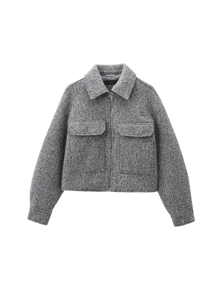 TRZA-Kurzjacke mit Taschen für Damen, Langarmmantel, Reißverschluss vorne, Damenoberbekleidung, schicke Oberteile, Mode.