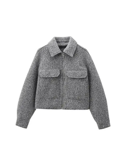 TRZA-Kurzjacke mit Taschen für Damen, Langarmmantel, Reißverschluss vorne, Damenoberbekleidung, schicke Oberteile, Mode.