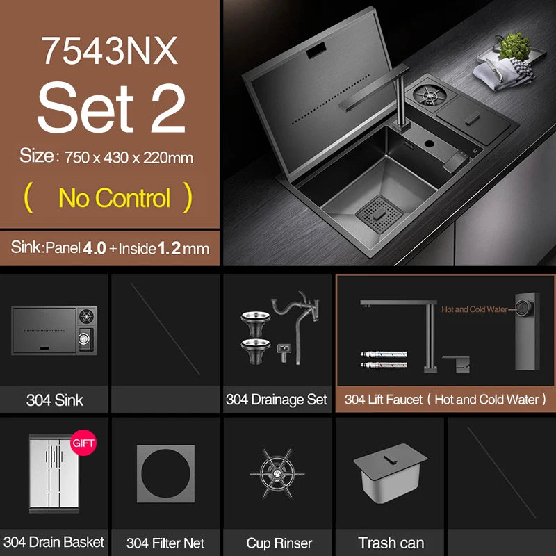 ASRAS Nanometer Hidden Flip Cover kitchen Island Sink 4mm Thickness Handmade Cup Rinser And Trash Can Kitchen Sinks