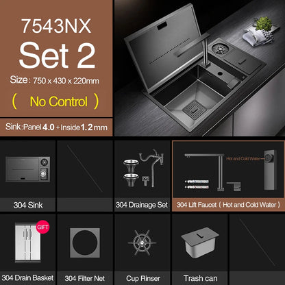 ASRAS Nanometer Hidden Flip Cover kitchen Island Sink 4mm Thickness Handmade Cup Rinser And Trash Can Kitchen Sinks