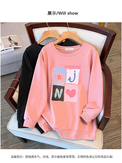 175kg plus size Damen büste Frühling Herbst lose Langarm bedrucktes Sweatshirt Top schwarz rosa 6xl 7xl 8xl 9xl 10xl 11xl.