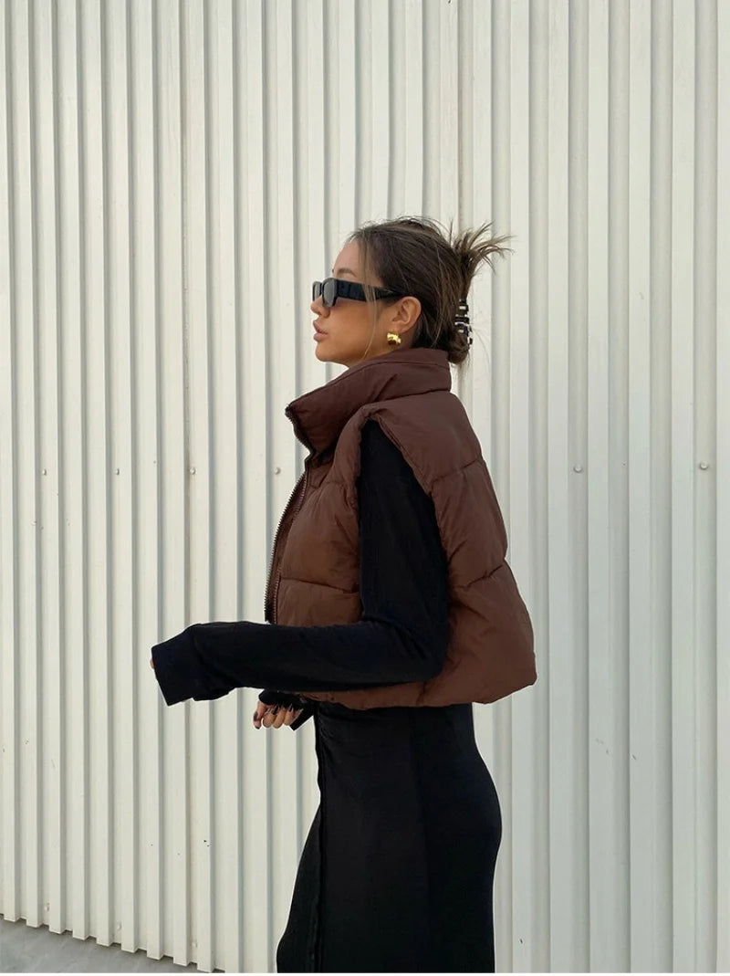 Herbst Winter Kurze Baumwolle Weste Elegante Solide Zipper Ärmel Stehkragen Warme Stepp Weste Mäntel Reise Jacke Im Freien.