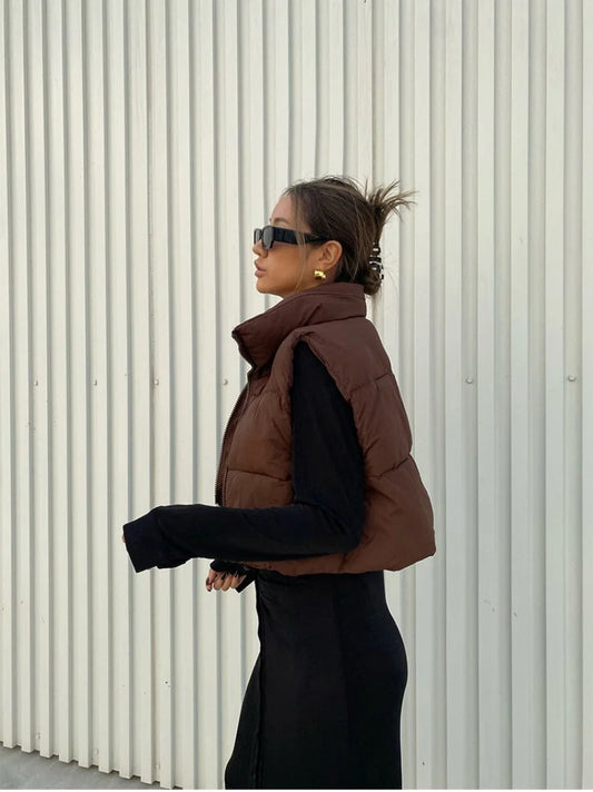 Herbst Winter Kurze Baumwolle Weste Elegante Solide Zipper Ärmel Stehkragen Warme Stepp Weste Mäntel Reise Jacke Im Freien.