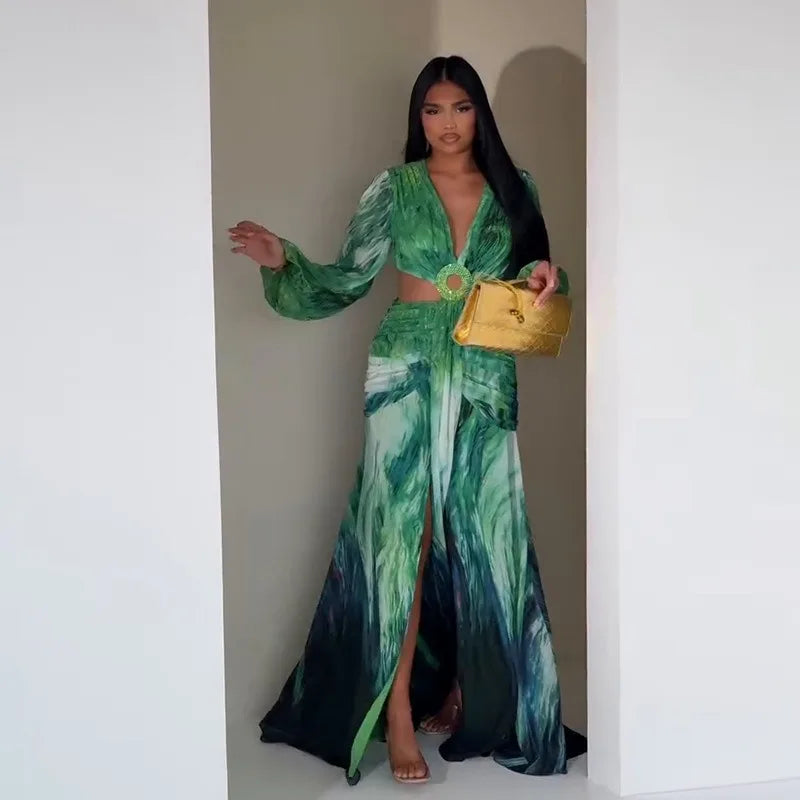 Elegante Y2K Mode Lange Flare Hülse V-ausschnitt Floral Schlitz Party Abendkleid Robe Vintage Frauen Falten Langes Kleid.