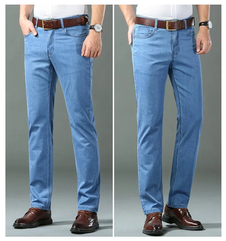 New Ice Silk Thin Denim Jeans For Men Blue Straight Stretch Cotton Pants Business Casual Lightweight Trousers Spring Summer.