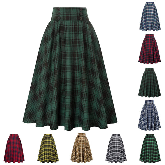 SISHION 2025 Autumn New A Line Swing Buttons Long Midi Vintage Skirt SS0037 Red Green High Waist Plaid Skirts for Women Jupe.
