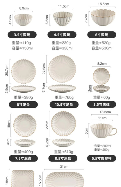 Nordic Household White Bowls Dinner Plates Ceramic White Glaze Tableware Set Western Steak Dish Salad Bowl Vegetable Fish Plate.