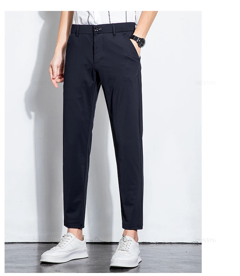 Summer Stretch Suit Pants Men Thin Business Solid Color Slim Ankle-Length Casual Formal Office Trousers Male Plus Size 28-38.