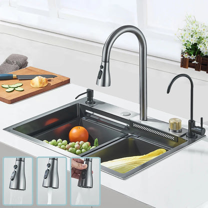 304 Stainless Steel Waterfall Kitchen Sink Large Single Slot with Chopping Board Cup Washer