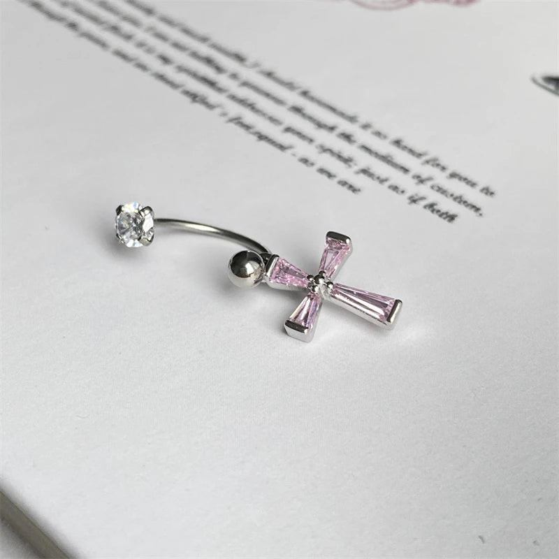 1PCS Pink Zircon Cross 316L Stainless Steel Annular Ear Bone Nail New Fashion U-shaped Earrings for Women Y2K Punk Jewelry.