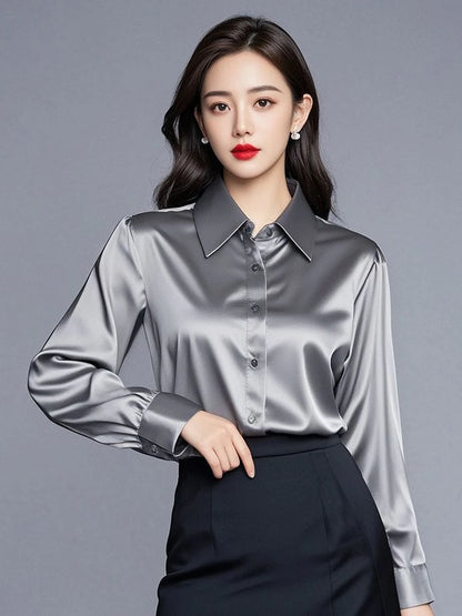 Elegant Silk Office Shirts Women Korean Fashion Y2k Clothes Slim Long Sleeve White Black Blusas Mujer Workwear Tops and Blouses.