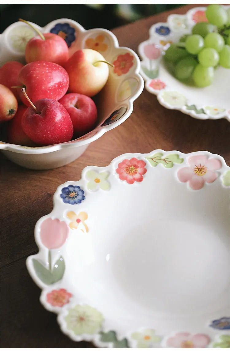 Floral Embossed Rim Soup Dessert Plate - Elegant Ceramic Appetizer Dish for Breakfast, Cafe Dining, Home Kitchen Tableware Set