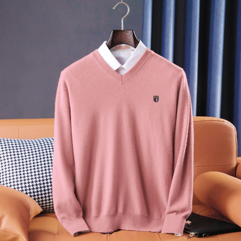Soft Warm Pullover Cashmere Sweater Men's V Neck Thickened Classic Tops Autumn Winter New  Casual Solid Color Knitted Pullover.