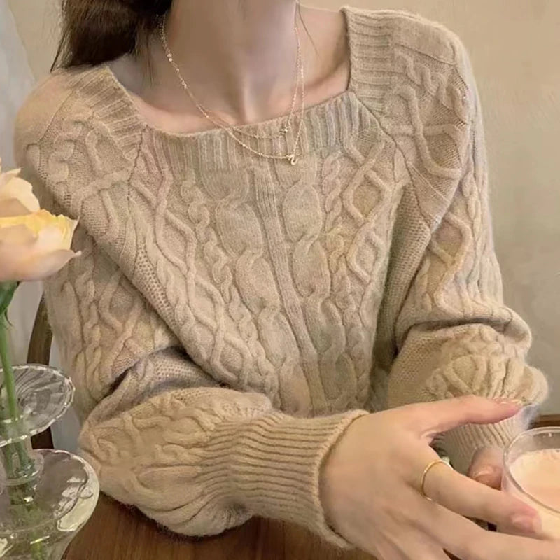 Frauen Square Neck Verdicken Rippe Pullover Laterne Hülse Lose Büro Stricken Pullover Frauen Herbst Winter Casual Feste Warme Pullover.