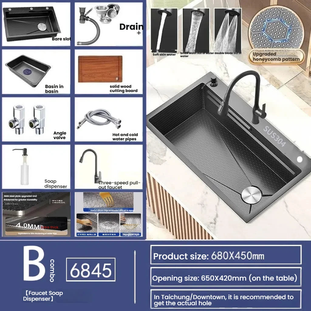 Gray Stainless Steel Kitchen Sink Large Single Slot Multifunctional Nano Honeycomb Embossed Wash Dish Basin Undermount Basin