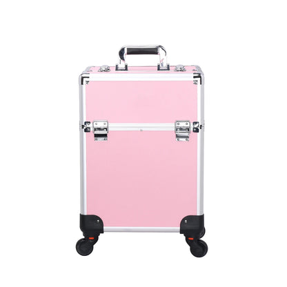 TravelRolling Makeup Train Case Large Capacity Cosmetic Trolley, Aluminum Professional Travel Case with Key.
