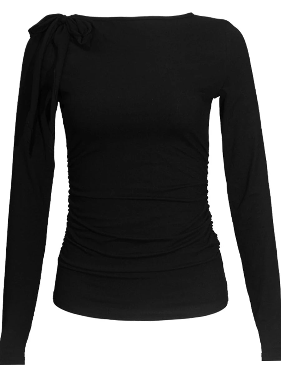 Casual Women's Fashion One-shoulder Strap Basic T-shirt Oblique Shoulder Personality Slim Hot Girl Long Sleeve.