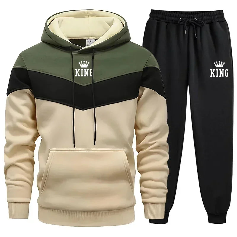 Mens Tracksuit King Printing Sports Suit Sports Hoodie+Pants 2 Piece Suit Casual Sweatshirt Suit Jogging Men's Splicing Clothing.