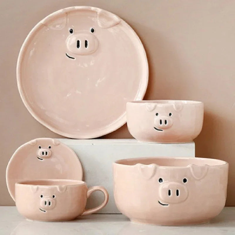 European Creative Cute Pink Pig Tableware Dishes Home Ceramic Plate Breakfast Nordic Wind Irregular Matte Plate Kitchen Utensils.