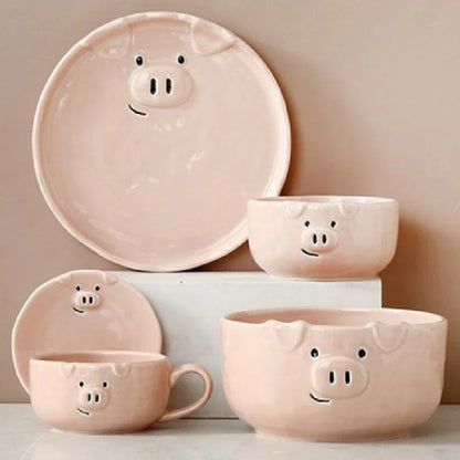 European Creative Cute Pink Pig Tableware Dishes Home Ceramic Plate Breakfast Nordic Wind Irregular Matte Plate Kitchen Utensils.