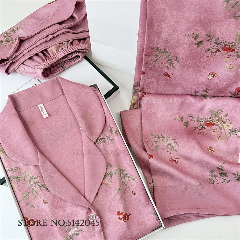 Chinese Style Print Flower 3PCS Pajamas Set Loungewear Summer New Women Sleepwear Short Sleeve Trouser Suit Silk Satin Homewear.