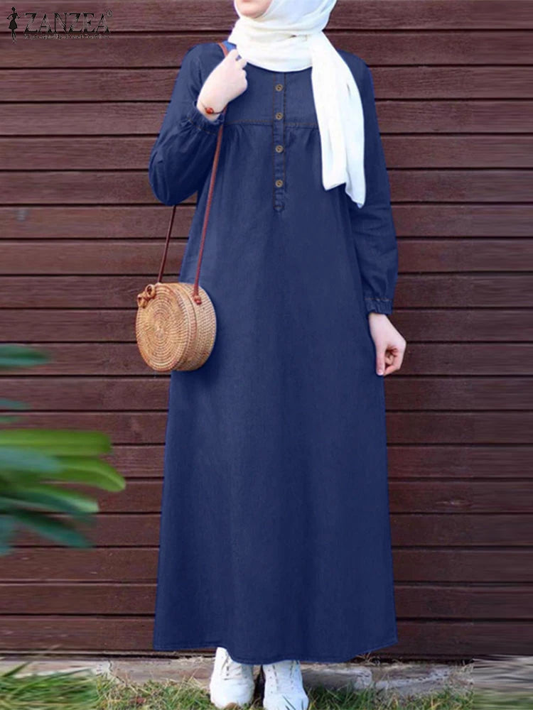 ZANZEA Women Vintage Muslim Abaya Dress 2024 Autumn Sundress Casual Long Sleeve Solid Maxi Long Vestidos Kaftan Islamic Clothing.