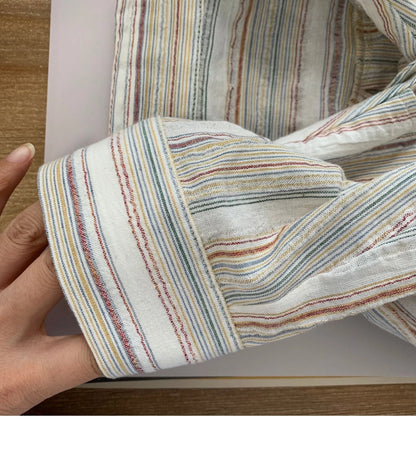 Vintage Office Lady Striped Shirt Spring Pocket Turn Down Collar Tops Korean Style Loose Long Sleeve Blouse Casual Women Clothes