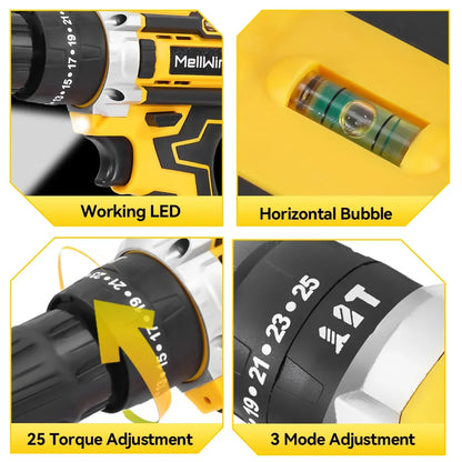 MELLWIN 25 + 3 Drehmoment elektrische Bohrmaschine 12 V Akku-Bohrschrauber Elektroschrauber 2 Gang Geschwindigkeit einstellbar Mini-Elektro-Treiber-Werkzeugsatz