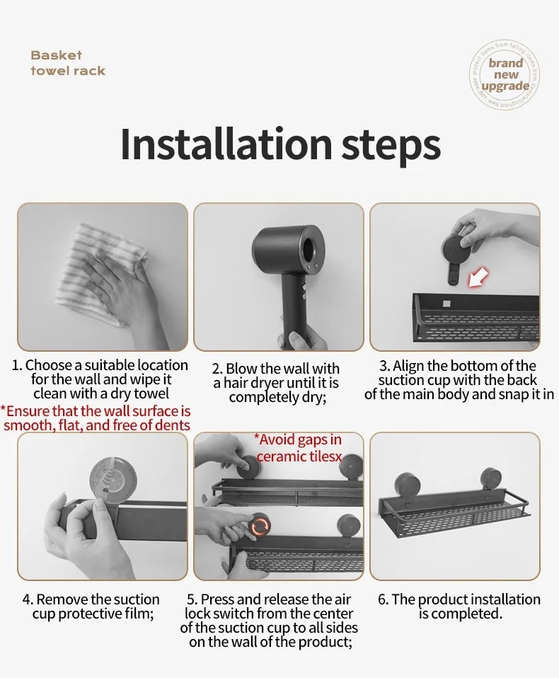 Kein Bohren, Saugnapf, selbstklebendes Badezimmerregal, Badezimmerregal, Toilette, Aluminium-Hängeregal, Badezimmer-Organizer, zum Aufhängen an der Wand