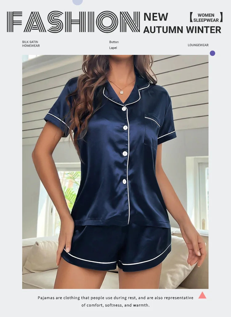 Sommer-Pyjama-Set aus Seidensatin für Damen, Oberteil und Shorts mit Knopfleiste, 2-teilig, Nachtwäsche, gekerbter Kragen, Nachtwäsche, Loungewear für Damen.