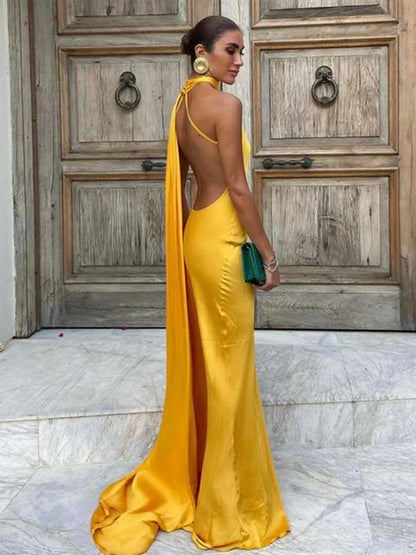 Band hängenden Hals lange Kleider schräg Schulter schnüren rücken frei seidig Satin Temperament Slim Fit Neck holder Frau Fischschwanz Kleid.