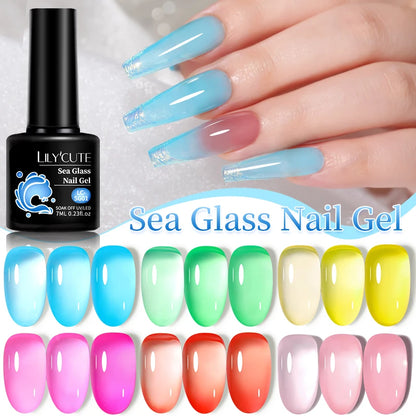 LILYCUTE 6Pcs 7ML Jelly Glass Gel Nail Polish Set Sea Blue Varnish Semi-transparent Nail Art Semi Permanent UV Gel Varnish.