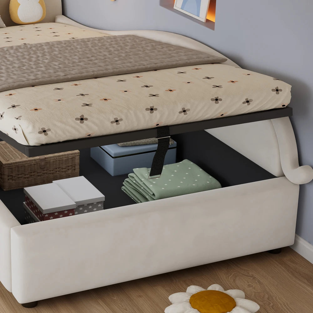 Polsterbett, Einzelbett, süßes Katzendesign, hydraulisches Bett mit Stauraum und Gürtelgriffen, stabiler Gitterrost, 90 x 200 cm