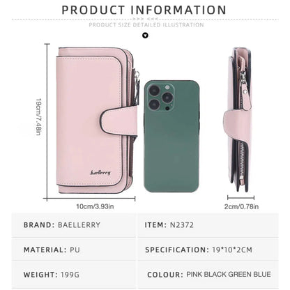 Large Capacity Women's Long Leather Wallet Zipper Buckle Multi-Card Triple Fold Coin Purse Clutch Bag Card Holder.