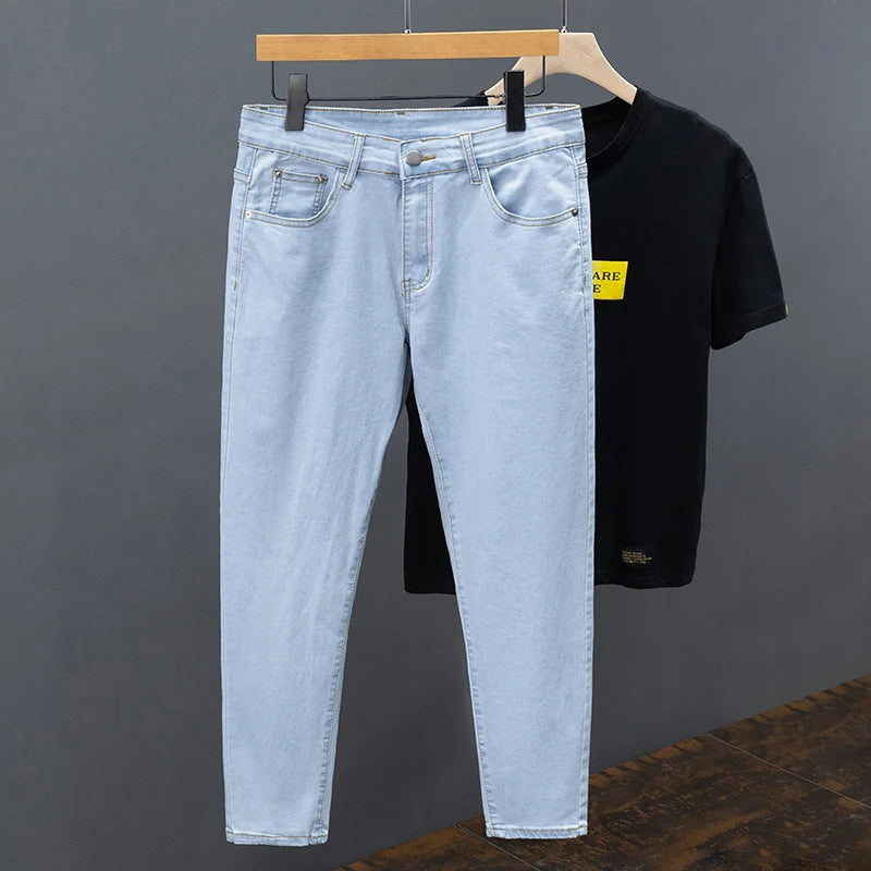 Men's Jeans Spring Summer Thin Slim Fit Elastic Cotton Soft Straight Denim Ankle Length Pants Korean Youth Fashion Trousers.