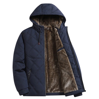 Winter Windproof Thermal Diamond-Pattern Fleece-Lined Thickened Cotton Coat Business Casual Hooded Jacket Fashionable Menswear