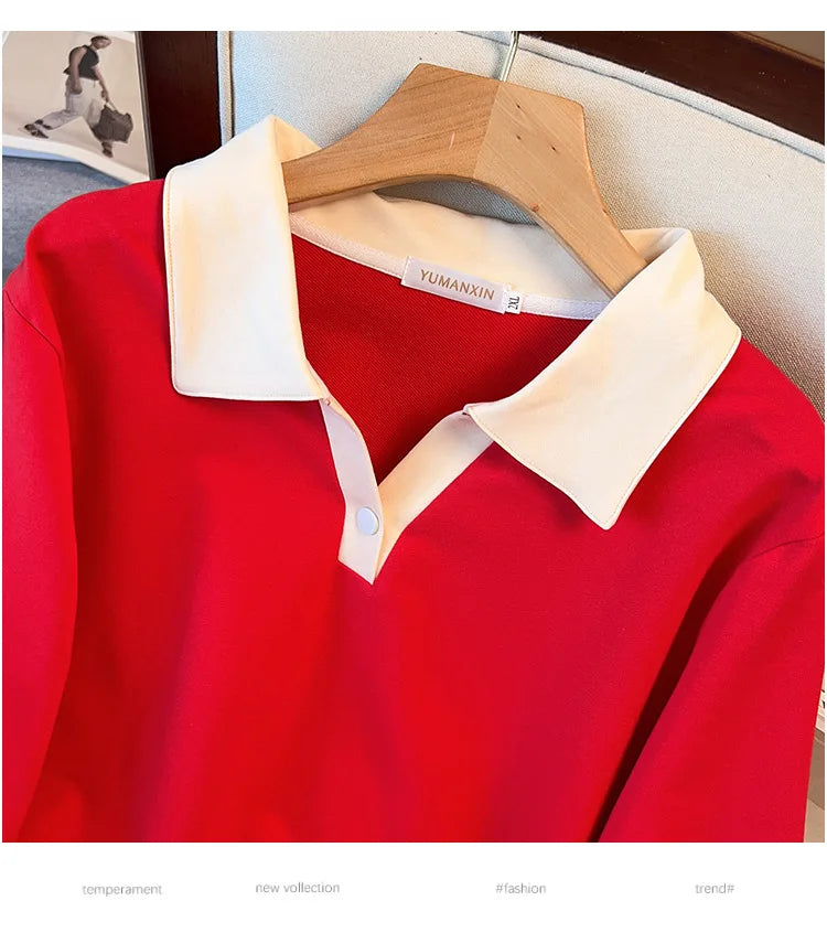 170kg plus size Damen büste Herbst lose Revers Langarm Sweatshirt schwarz rot 6xl 7xl 8xl 9xl 10xl 11xl.