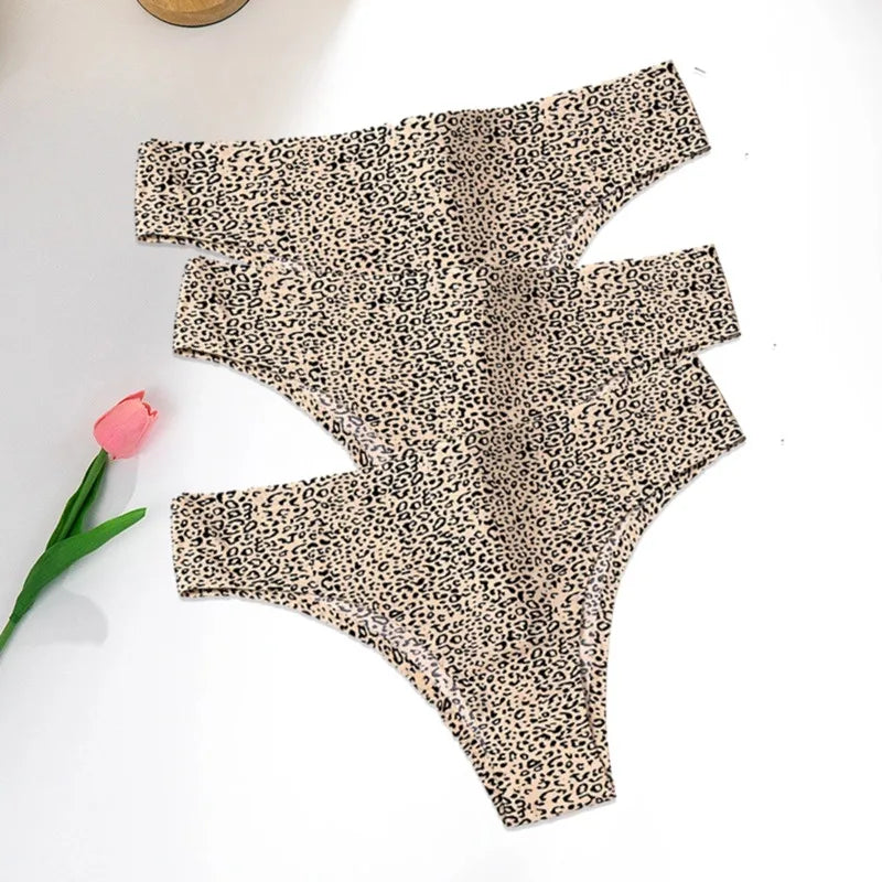 WarmSteps 3Pcs/Set Sexy Leopard Thongs Women's Panties Thongs 2024 New Female Underwear Seamless Printed Panties Ice Silk Briefs
