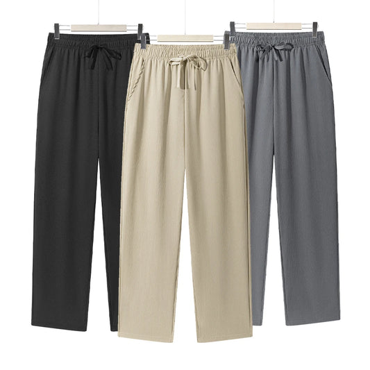 Summer Men's Straight Trousers Casual Solid Color Breathable Drawstring Long Pants Sweatpants Streetwear Men Baggy Pants.