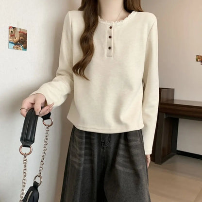 New Autumn and Winter Half-open Lace Front Shoulder Long-sleeved T-shirt Plus Velvet Warm German Velvet Women's Top.