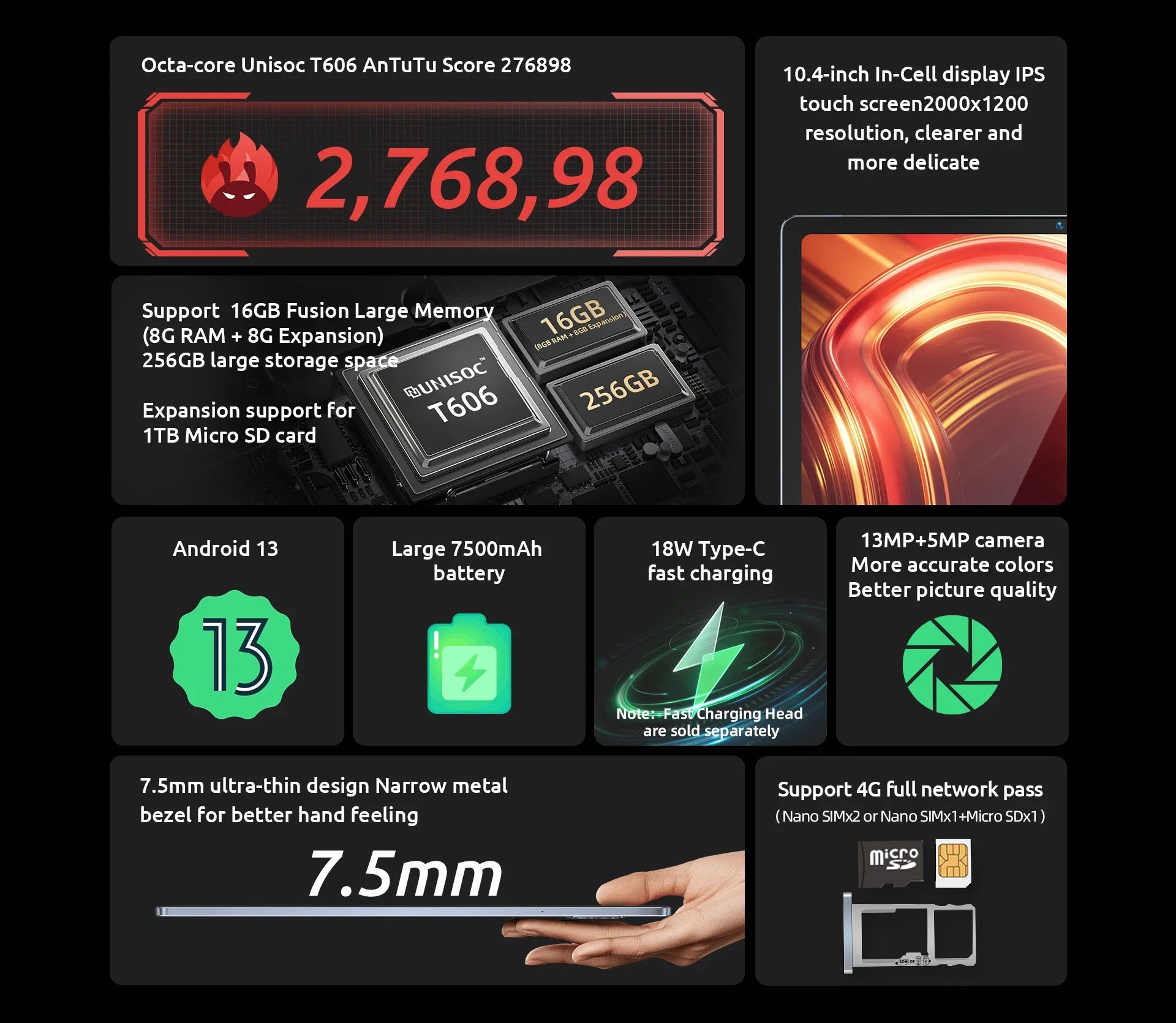 BMAX MaxPad I11 Plus 16GB(8GB RAM+8GB Expansion) 256GB ROM 10.4 Inch Octa Core T606 Soc  Dual Wifi 4G Lte Android 13 tablet SIM.