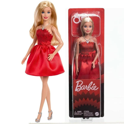 Original Barbie Dolls 80th Anniversary Red Celebration Blonde Fashionistas Blue Bow Dress Shoes Necklace Girls Toys Accessories.